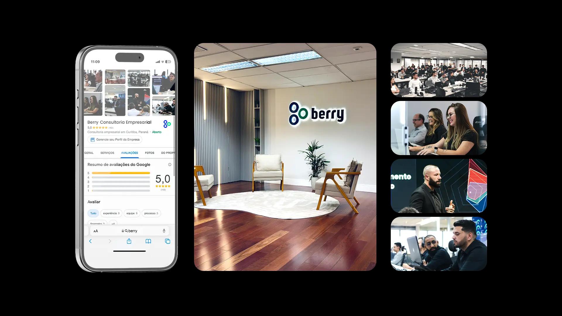 Ilustração da sede berrytech com fotos de pessoas trabalhando e nossa nota no google business.